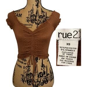 Rue 21 Shirred Ruched Off The Shoulder Crop Top Brown Size XS Trendy Boho Y2k